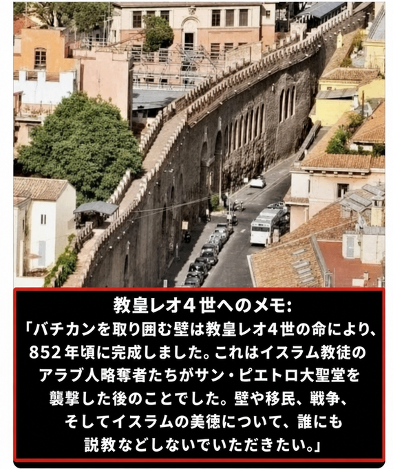 バチカンの巨大な石壁と隣接する道路の航空写真。その建設の背景にある歴史的文脈を説くキャプションがついている。