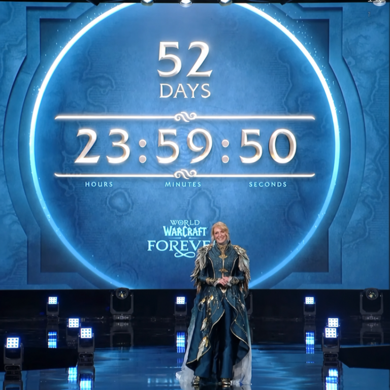 A presenter in blue attire standing on stage in front of a large screen showing a 52-day countdown alongside the 'WORLD OF WARCRAFT FOREVER' logo.