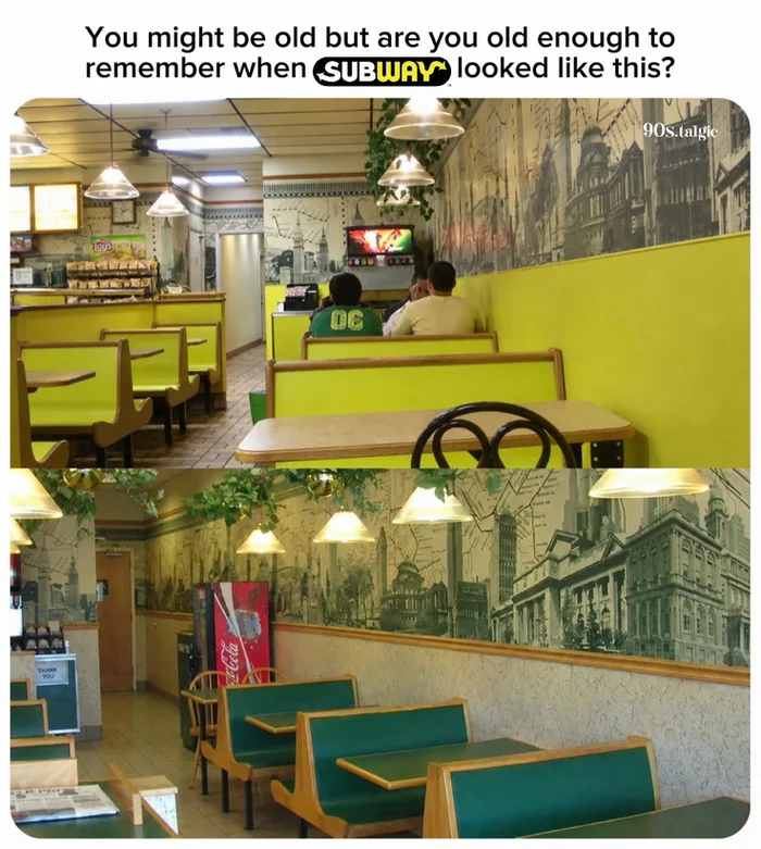 Two split photos showing retro Subway restaurant interiors featuring classic city map wallpaper and green booths.