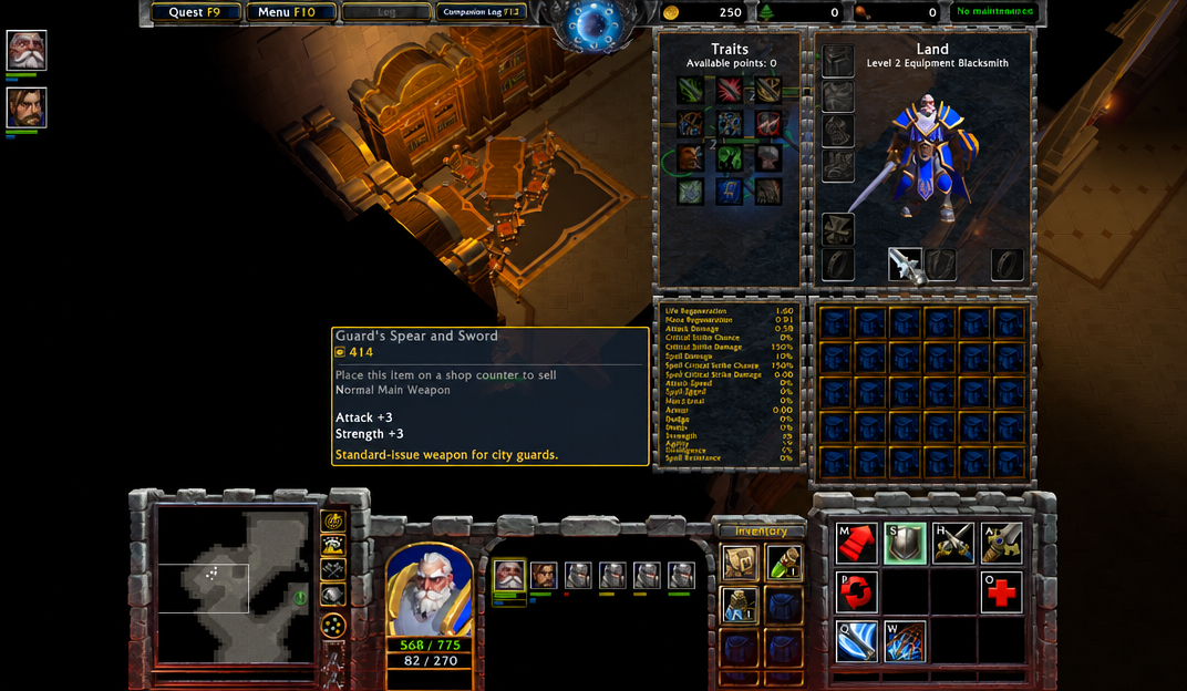 Warcraft 3 gameplay screen featuring RPG-style equipment slots, a talent tree, an inventory, and item tooltips.