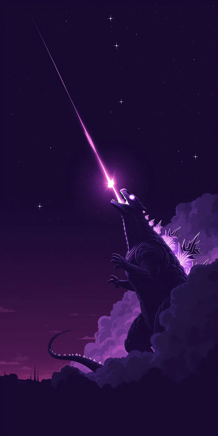 Illustration of Godzilla shooting a glowing purple atomic beam straight up into a starry night sky above clouds.