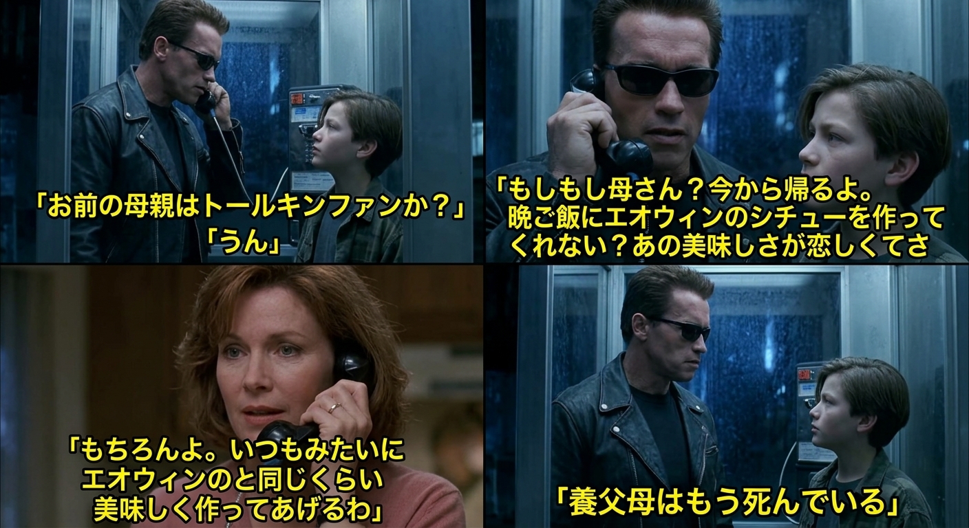 『ターミネーター2』のパロディミーム。T-800が養母の正体を暴くため、まずいことで有名なエオウィンのシチューについて電話で尋ねる4コマ画像。