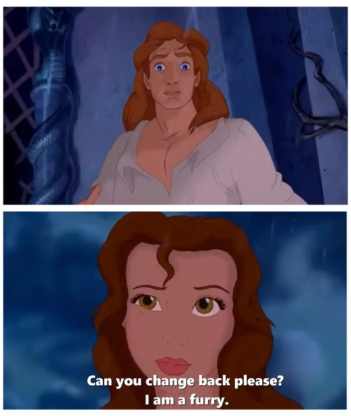 A two-panel meme from Beauty and the Beast showing the Prince transformed back into a human, followed by Belle looking disappointed with the subtitle asking if he can change back because she is a furry.