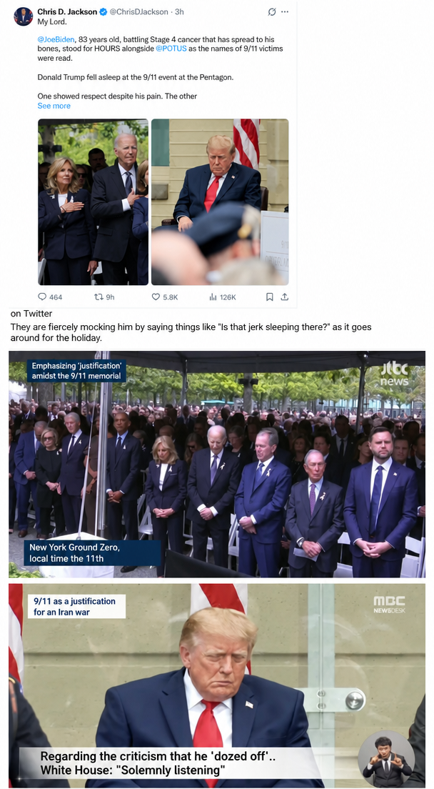 A screenshot from a Twitter post and a news broadcast comparing Joe Biden and Donald Trump's attendance at the memorial service.