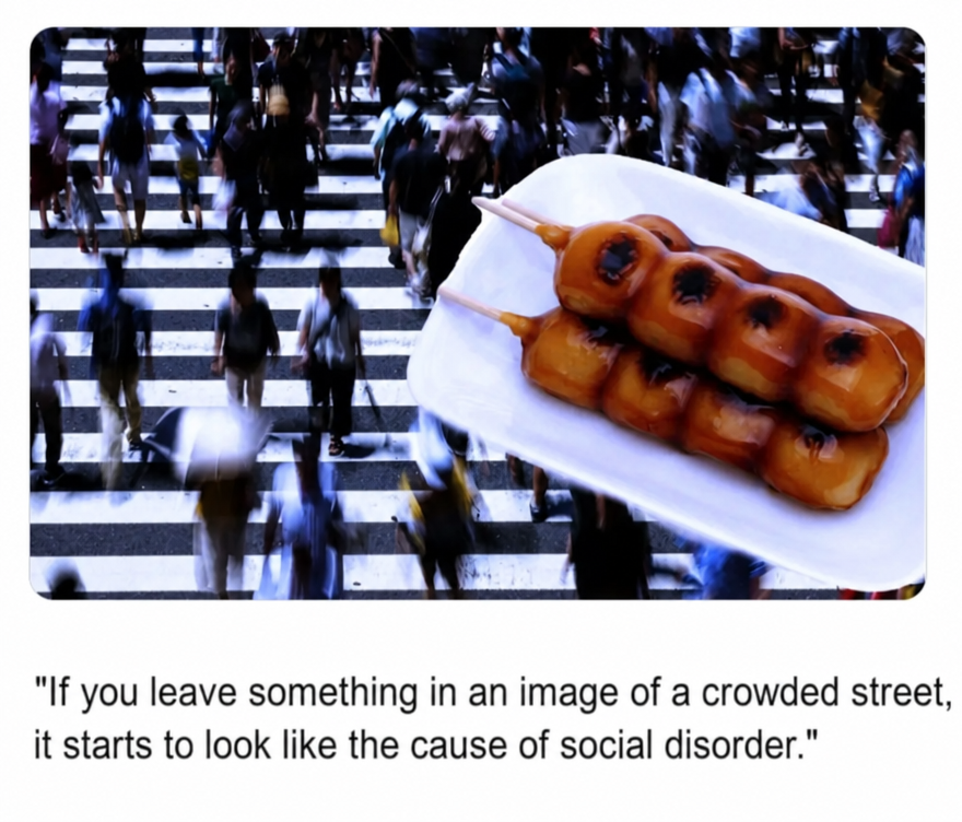 A meme showing two skewers of mitarashi dango superimposed on a photo of a crowded crosswalk, with text below that says 'If you put something on an image of a crowded street, it looks like the cause of societal chaos'.