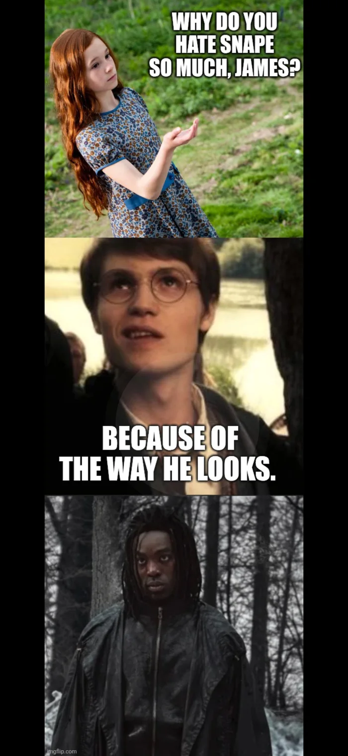 A three-panel meme where young Lily asks James why he hates Snape, James replies 'Because of the way he looks,' and the bottom panel shows a Black actor portrayed as Snape.