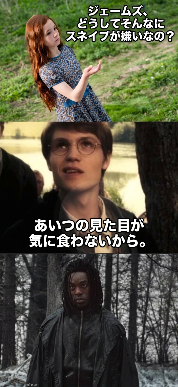 リリーにスネイプを嫌う理由を問われたジェームズが「見た目」と答え、黒人俳優のスネイプが映る3コマ画像。