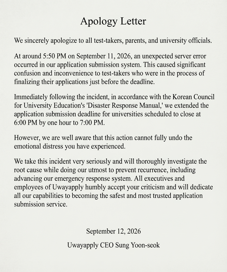 An official letter of apology posted under the name of the CEO of Uwayapply regarding server disruptions affecting university application submissions.