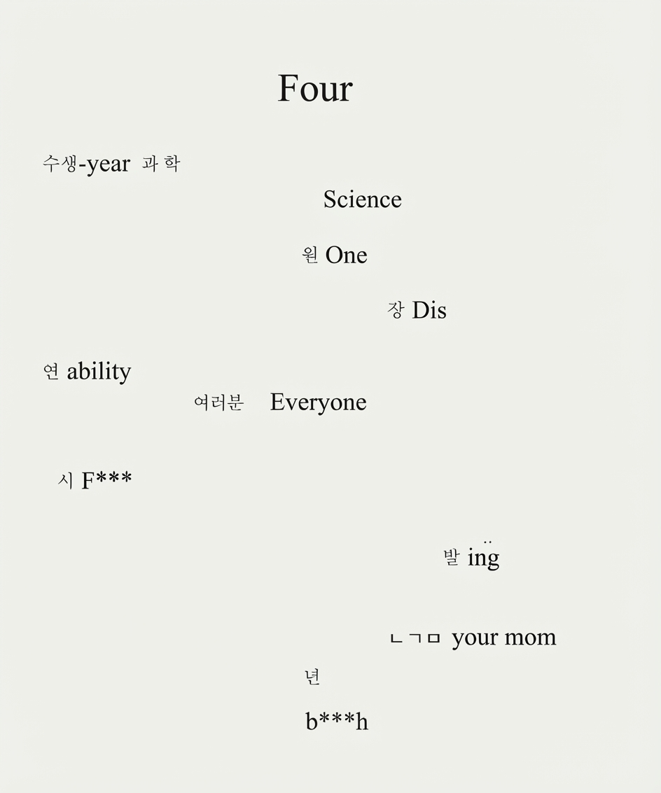 A parody image where specific letters from the original apology letter are left visible to form an abusive sentence: '사수생 과학 원장연 여러분 시발년ㄴㄱㅁ' ('Fourth-year repeat test-takers, Science Inquiry I squad, you f***ing b***hes, your mom').
