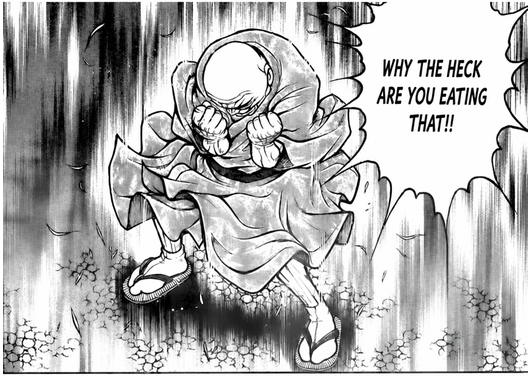 A meme of a monk in an anime style, clenching his fist in panic and shouting, 'Why the heck are you eating that!!'