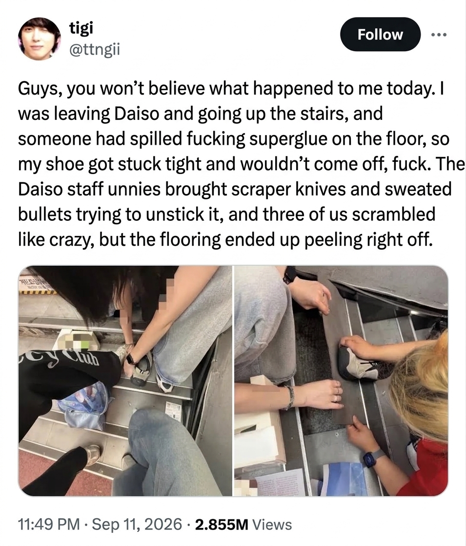 A social media post with two photos showing people trying to pry a shoe stuck with super glue off a staircase, peeling up the floor cover.