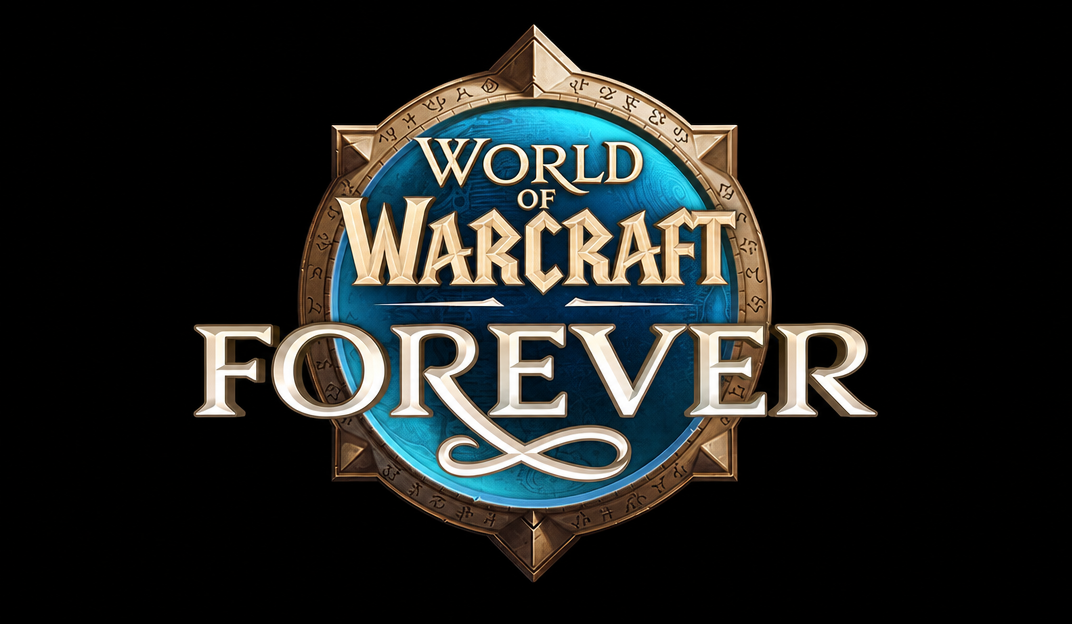 A black background with a blue circular emblem in the center, featuring a 3D-embossed logo that reads 'WORLD OF WARCRAFT FOREVER'.