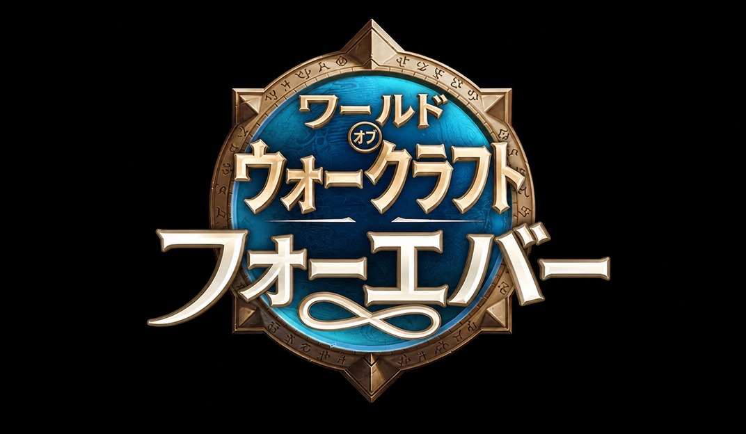 黒い背景の中央に青い円形の紋章があり、立体的に彫り込まれた「WORLD OF WARCRAFT FOREVER」のロゴがある画像。