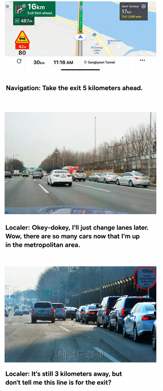 A photo showing a long queue of vehicles on the shoulder of the highway, kilometers before an exit, along with navigation instructions.