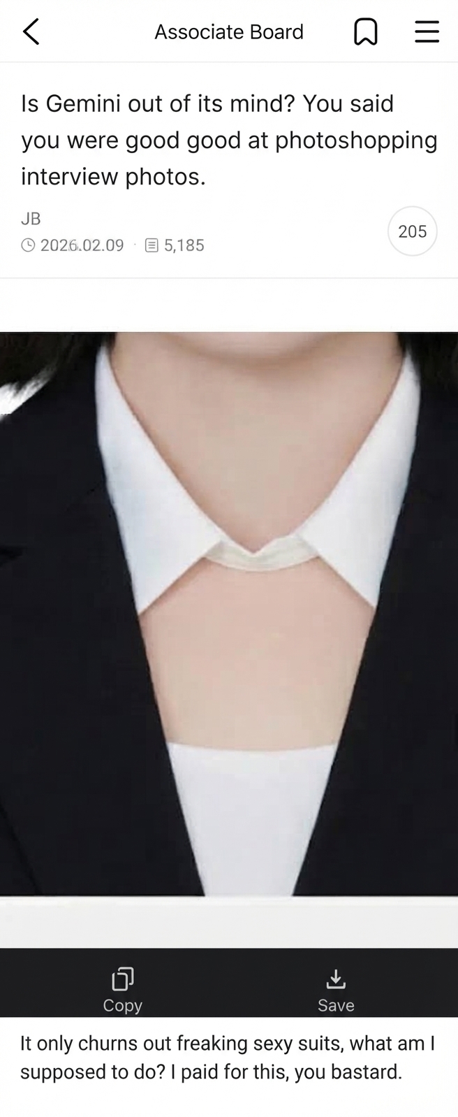 Screenshot of an online post where Gemini generated a suit with an unusually exposed chest and neckline instead of a normal interview outfit.