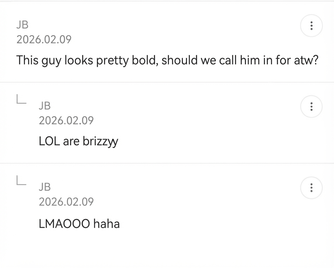 Screenshot of funny online comments joking that the applicant looks daring and asking if they should call him in for an interview.