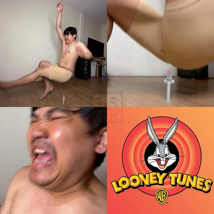 Lowcostcosplayがバッグス・バニーのペッツディスペンサーの上に仰向けに倒れ込み、苦悶の表情を浮かべた後、バッグス・バニーが登場する古典的な「ルーニー・テューンズ」のタイトルカードが現れる4コマコメディシーケンス。