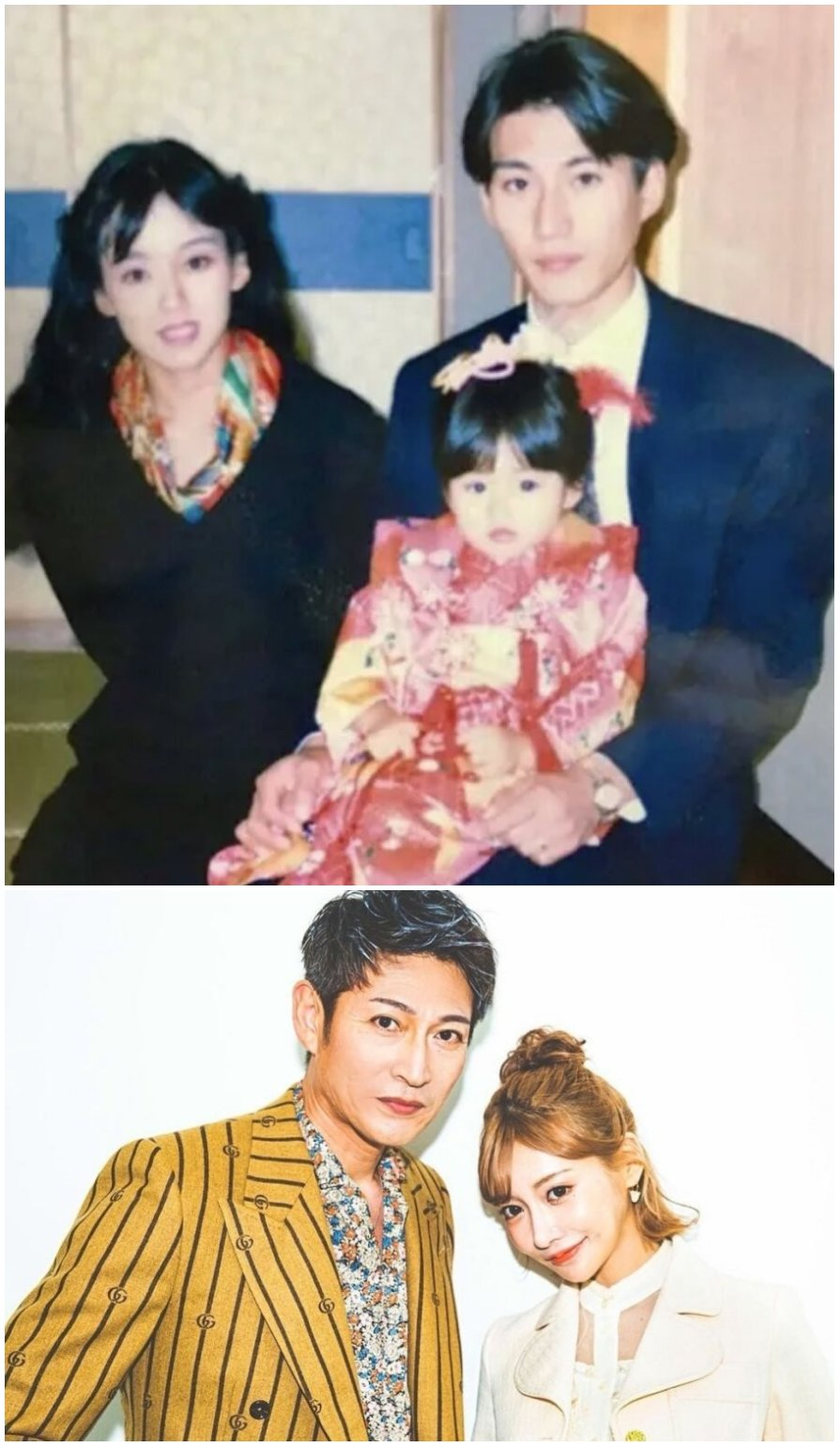上段には幼少期の明日花キララと両親の昔の写真、下段には大人になった明日花キララと依然として整った顔立ちの父親が一緒に写っている写真