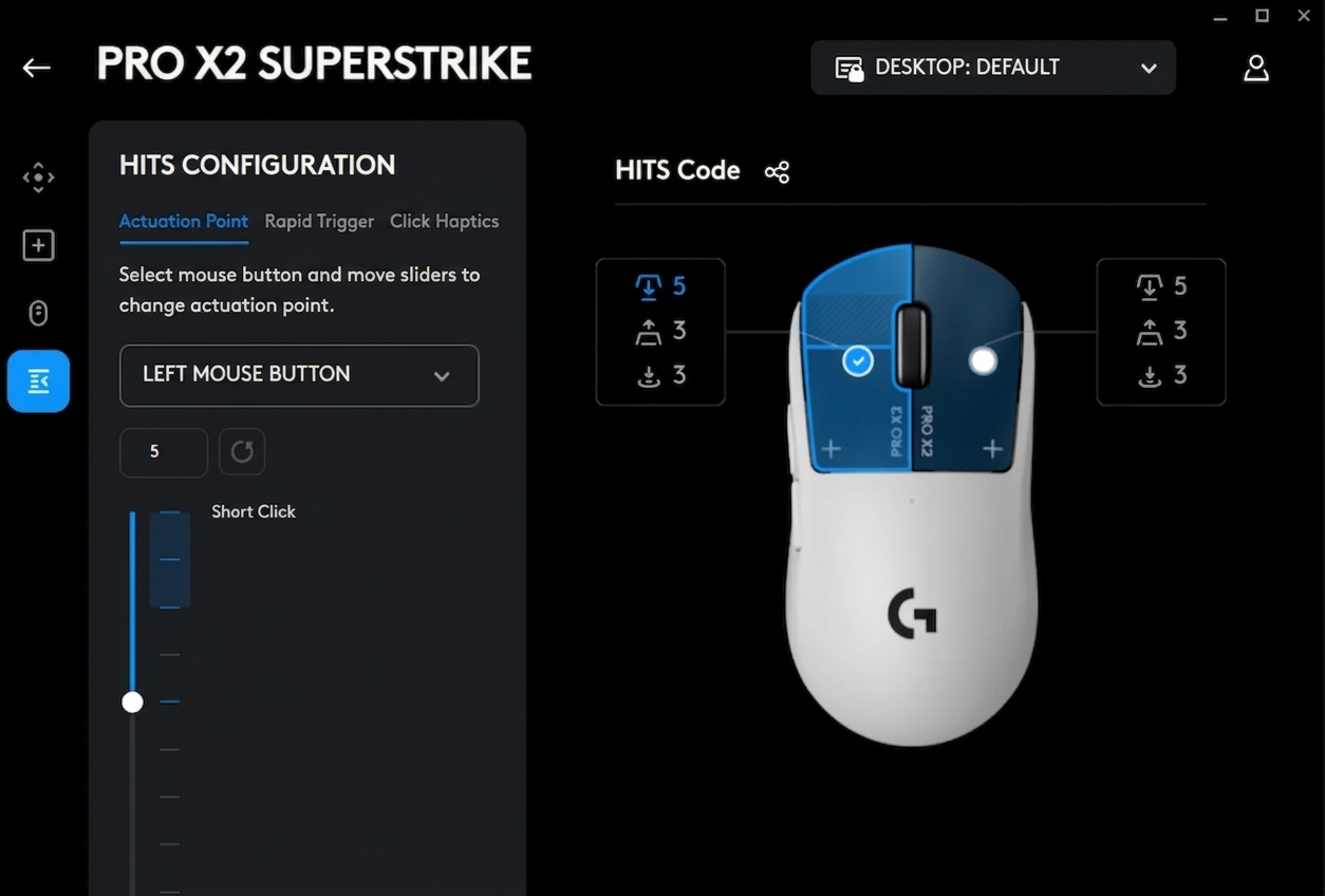 Logitech G HUB settings screen for adjusting actuation point sliders and HITS configuration options