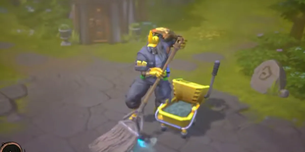 In-game screenshot of Janitor Leoric holding a mop in Heroes of the Storm