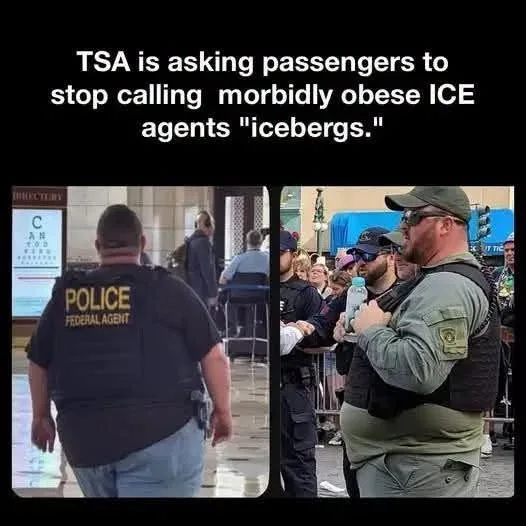 A meme pairing text about TSA asking passengers to stop calling large ICE agents icebergs with photos of overweight federal law enforcement officers.