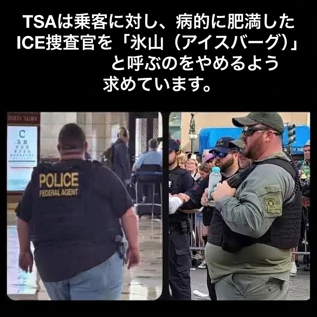 太り気味の連邦法執行官たちの写真とともに、肥満のICE捜査官を「氷山（アイスバーグ）」と呼ぶのをやめるようTSAが乗客に求めているというテキストを組み合わせたミーム。