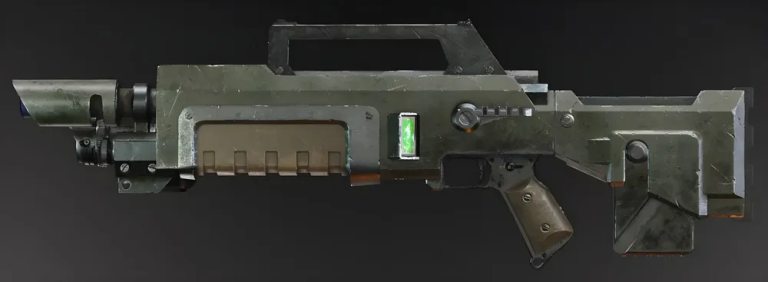 A side-view 3D model image of a Warhammer Lasgun, a sci-fi laser rifle.