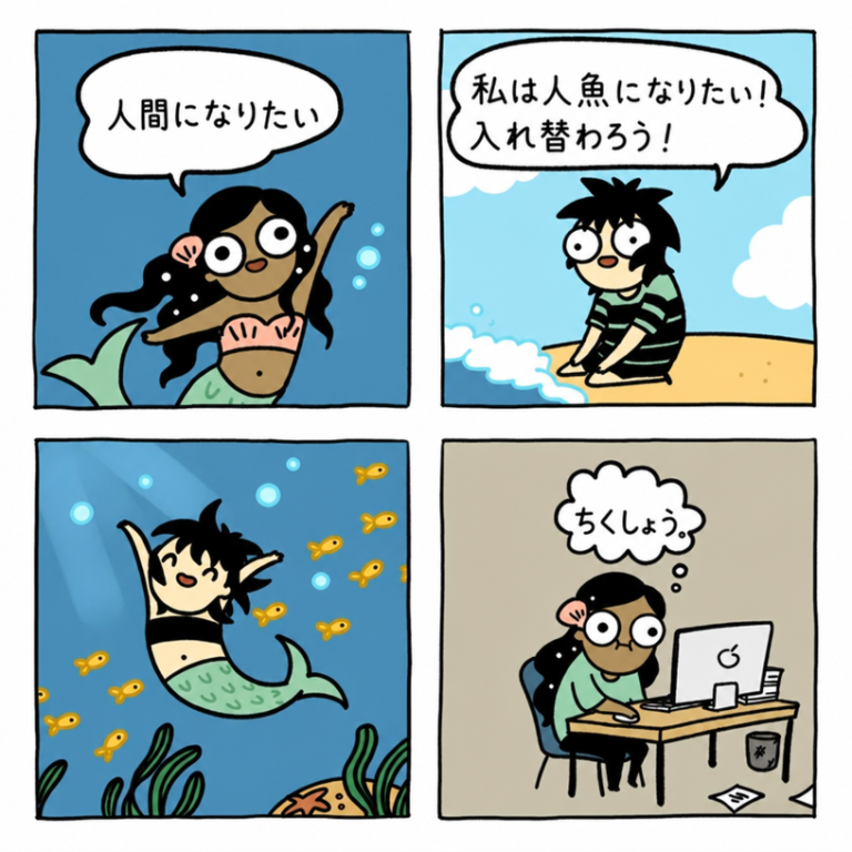 人魚と人間が入れ替わる4コマ漫画。人魚が「人間になりたい」と言い、ビーチに座っていた人間が「私は人魚になりたい！入れ替わろう！」と答える。人間は人魚になって水中を楽しく泳ぐが、元人魚はオフィスのデスクに座り、パソコンで仕事をして「ちくしょう」と思っている。