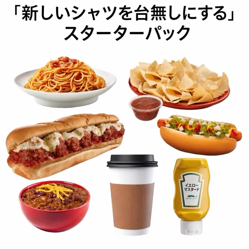 「新しいシャツを台無しにする」スターターパックというタイトルのミーム画像。スパゲッティ、サルサソース付きトルティーヤチップス、ミートボールサブ、レリッシュ付きホットドッグ、チリボウル、テイクアウト用コーヒーカップ、イエローマスタードが写っている。