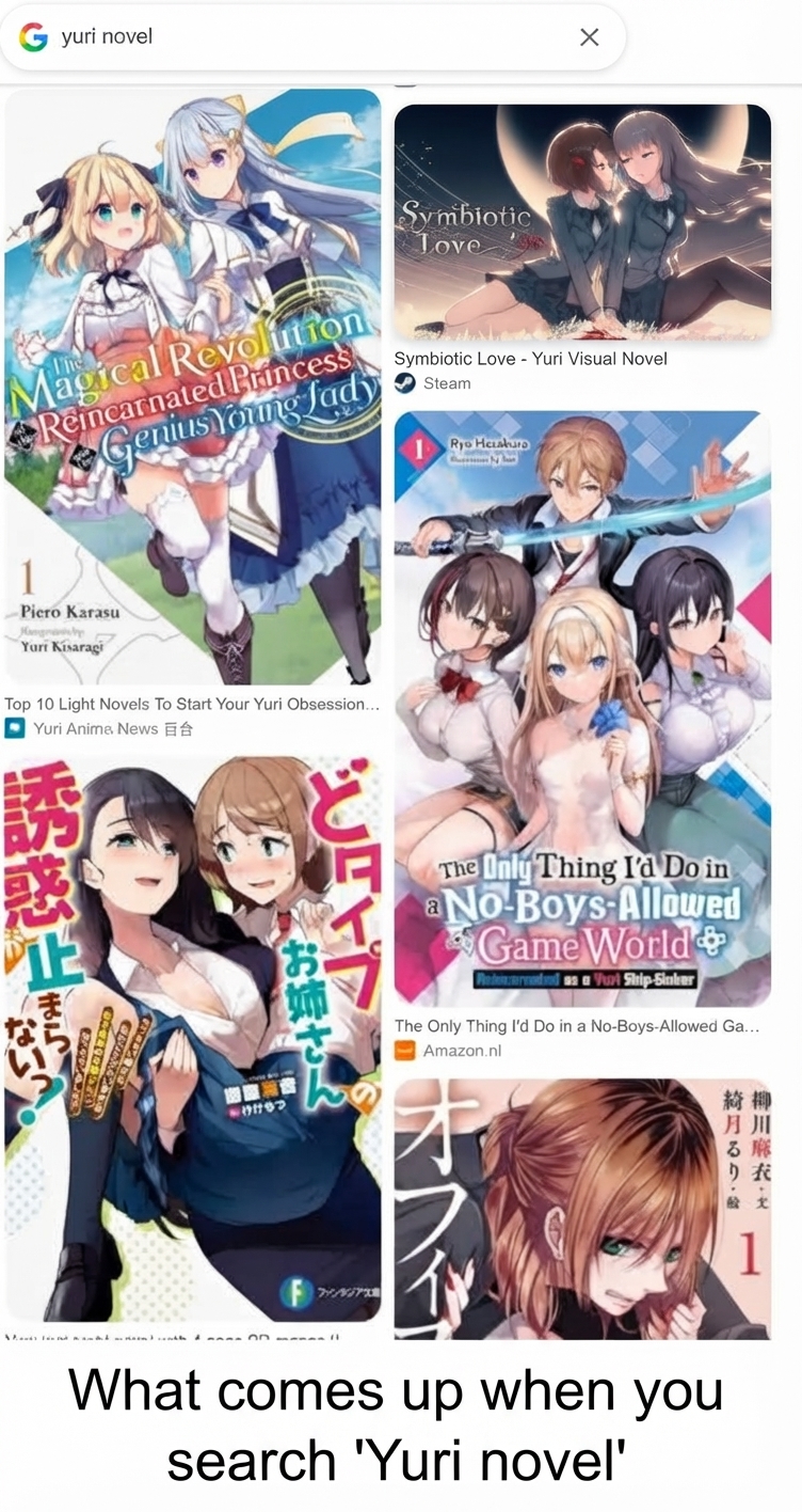 Google search results for 'yuri novel' displaying covers of books in the yuri genre depicting love between women.