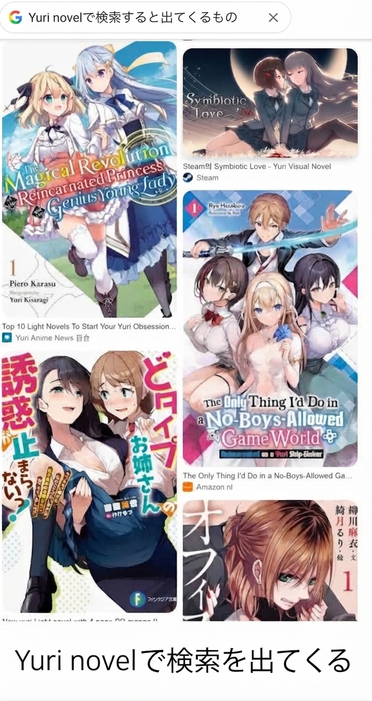Googleで「yuri novel」と検索した際に表示される、女性同士の恋愛を描いた百合ジャンルの書籍表紙の検索結果。