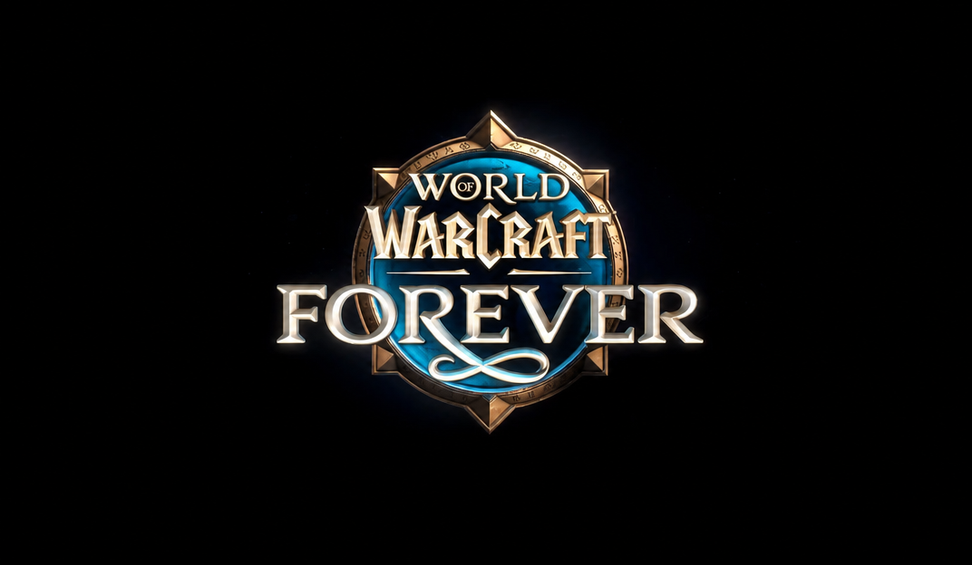 A teaser image featuring a golden emblem engraved with blue patterns and the 'WORLD OF WARCRAFT FOREVER' logo in the center of a black background