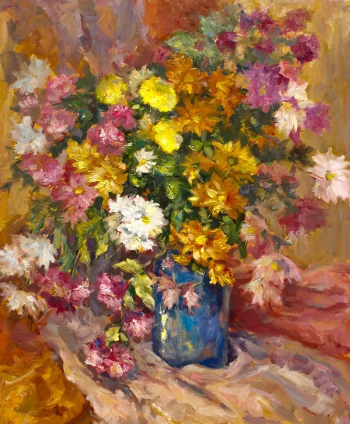 An impressionist oil painting of a vibrant flower bouquet in a blue vase, featuring yellow, pink, and white blossoms on a draped fabric surface.