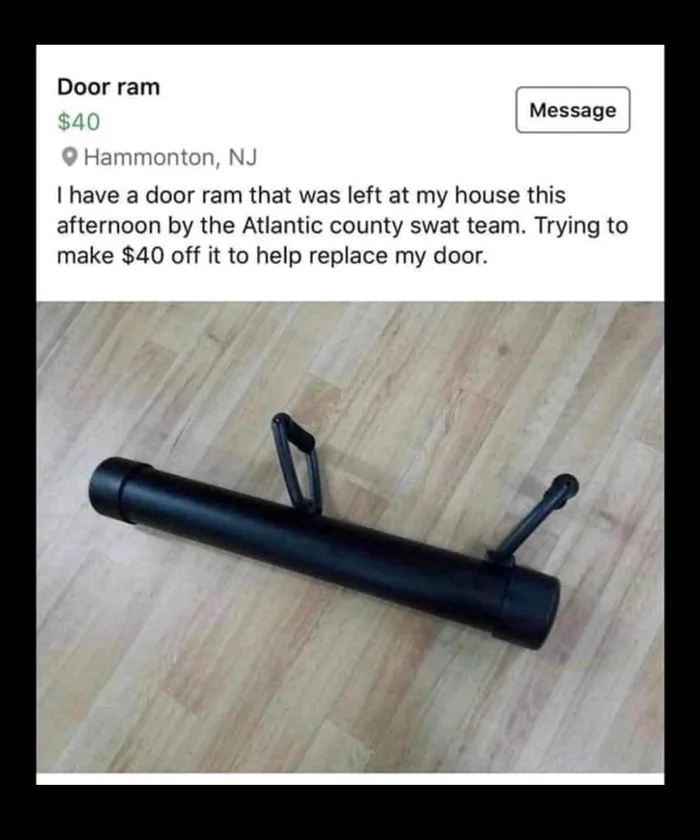 A marketplace listing offering a black tactical door ram for $40, claiming it was left behind by the Atlantic County SWAT team.