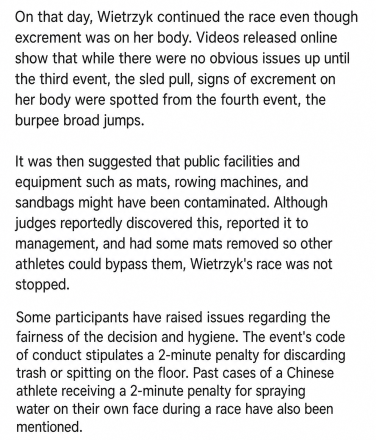 Screenshot of a news article body discussing the contamination of public equipment and issues regarding the fairness of the officiating.
