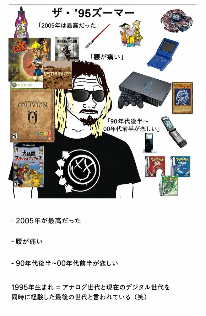 「THE '95 ZOOMBER」というタイトルの下に、2000年代初頭の大衆文化の要素と共に、腰の痛みや昔の時代を懐かしむ1995年生まれの特徴を描写したミーム画像