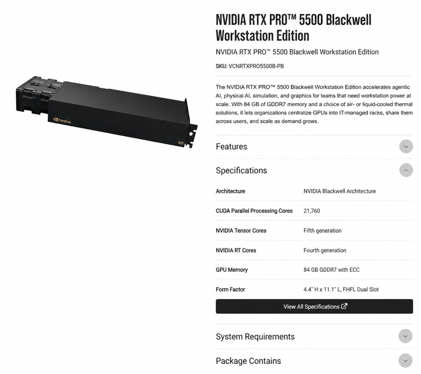 Screenshot of the NVIDIA RTX PRO 5500 Blackwell Workstation Edition spec sheet web page