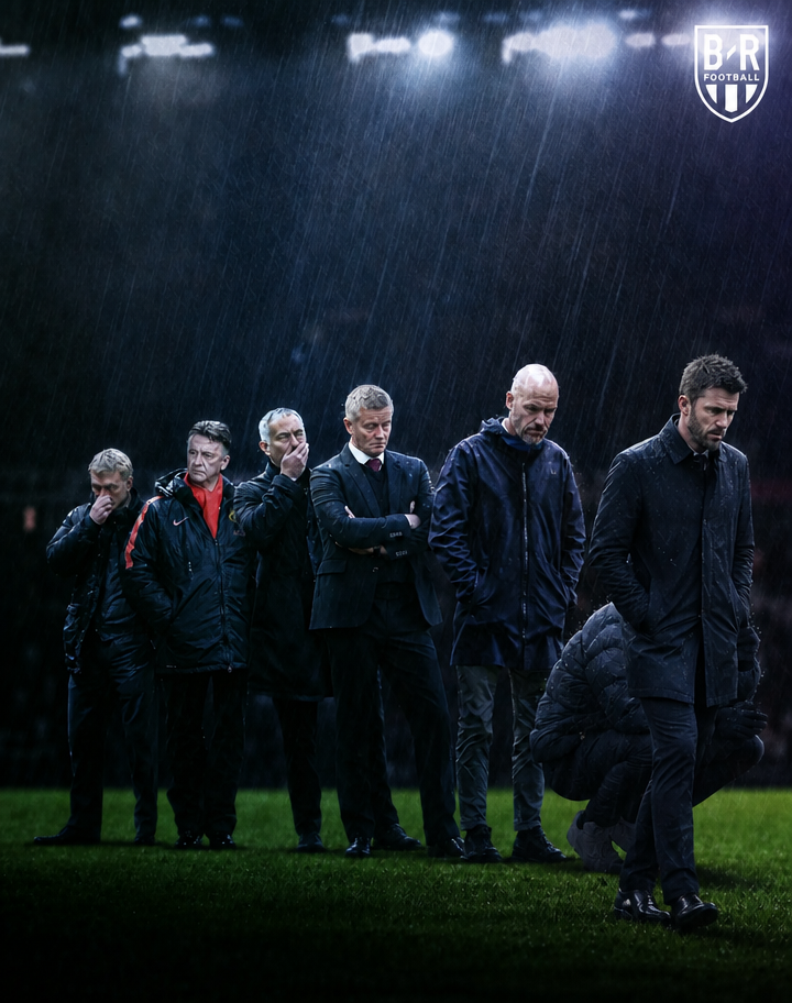 A composite graphic image showing former Manchester United managers David Moyes, Louis van Gaal, Jose Mourinho, Ole Gunnar Solskjaer, Erik ten Hag, Ruben Amorim, and others standing in a line on a rainy football pitch.