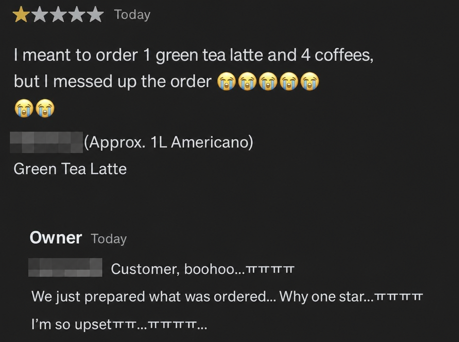 Screenshot of a delivery app cafe owner crying and replying in distress after a customer left a 1-star review despite having made the ordering mistake themselves.