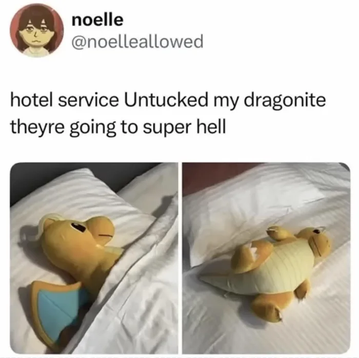 A social media screenshot showing a Dragonite plushie tucked neatly into a hotel bed on the left, and untucked lying exposed on the bed on the right, with text complaining about hotel service.