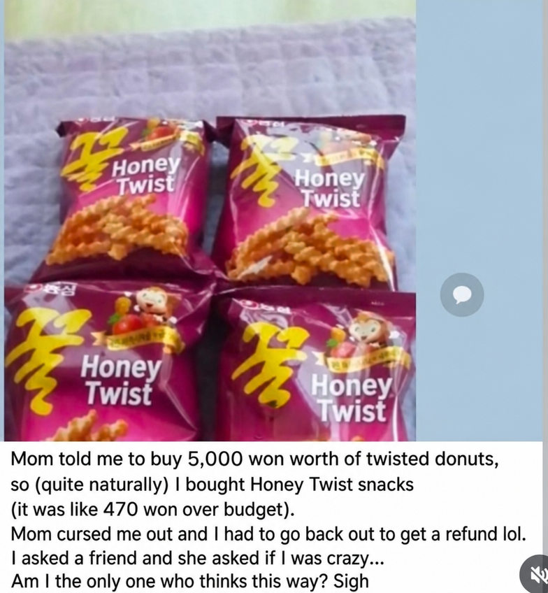 A screenshot of the daughter's frustrated post with four bags of Nongshim Honey Twist snacks on the floor.