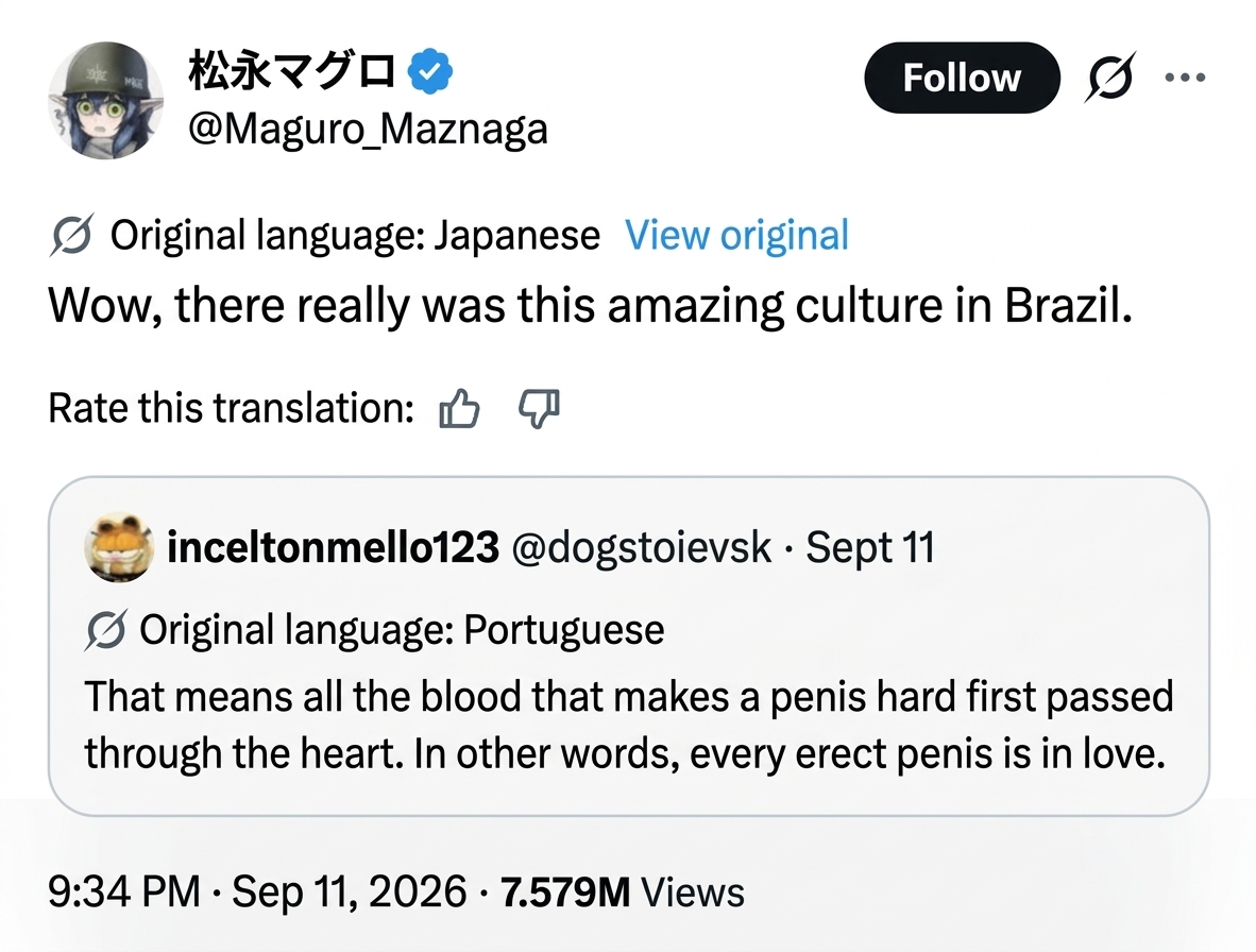 A Twitter capture quoting a Brazilian netizen. It contains the text, 'That means all the blood that makes a penis hard first passed through the heart. In other words, every erect penis is in love,' along with a reaction expressing amazement.