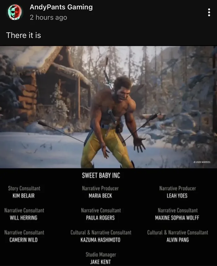 Screenshot showing Wolverine pierced by arrows above end credits listing Sweet Baby Inc narrative consultants.