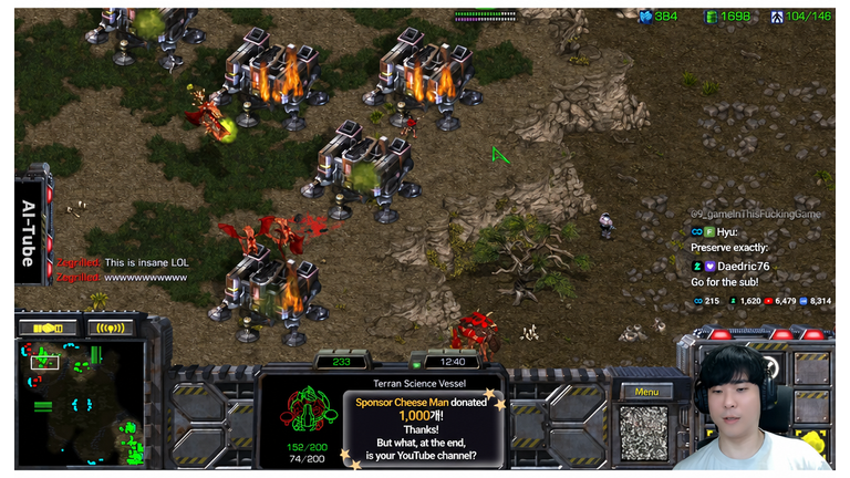 Marines taking over the Zerg base after using Barracks to gain vision and aggro, with the chat saying 'It works'.