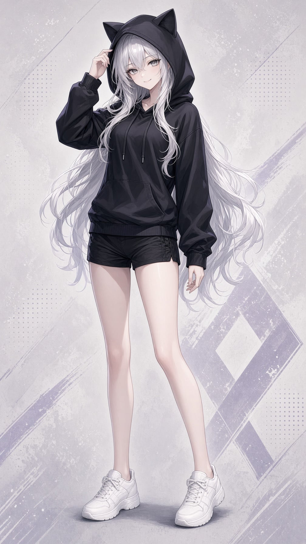 A 2D anime-style illustration of a silver-haired girl wearing a cat-eared hoodie and shorts.