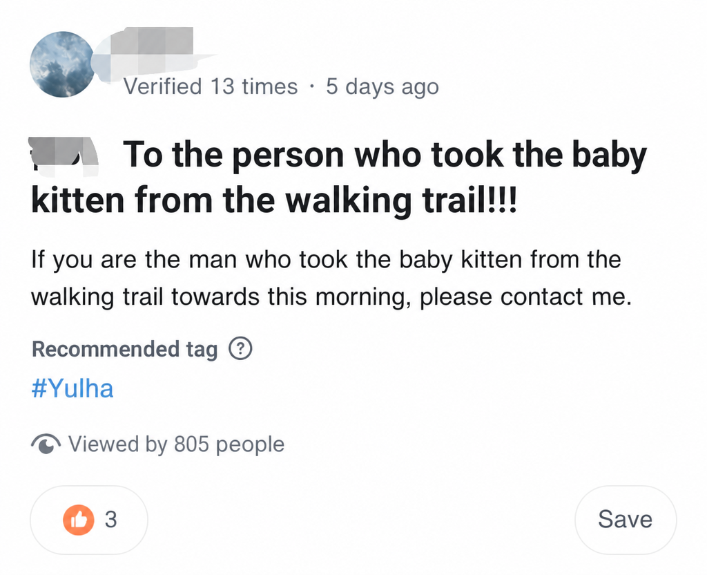 Screenshot of a local community app post looking for a man who took a baby kitten from a walking trail.