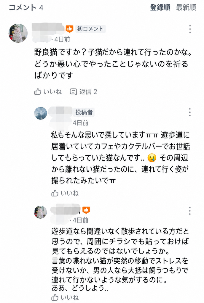 男性が悪意を持って猫を連れて行ったのではないかと心配する住民たちのコメントのキャプチャ。