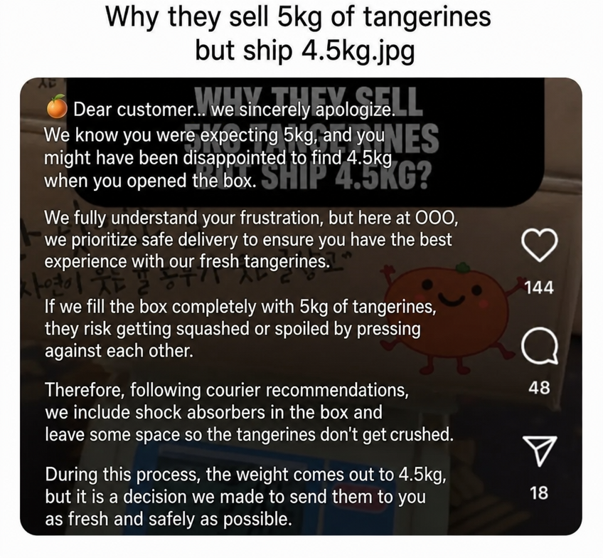 A screenshot of a social media post where a seller explains why they sent 4.5kg instead of the 5kg of tangerines ordered, citing cushioning and safe packaging as the reason.