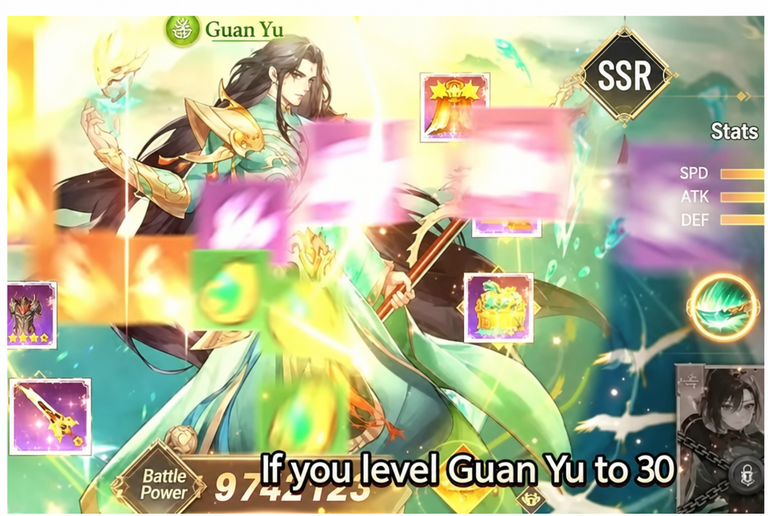 A mobile game screen showing a long-haired male Guan Yu character illustration with the caption 'If you level Guan Yu to 30' at the bottom.