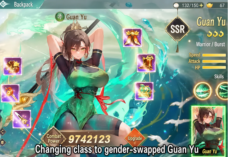 An illustration of Guan Yu after changing gender to a female character upon reaching level 30, with the caption 'Changing class to gender-swapped Guan Yu' at the bottom.